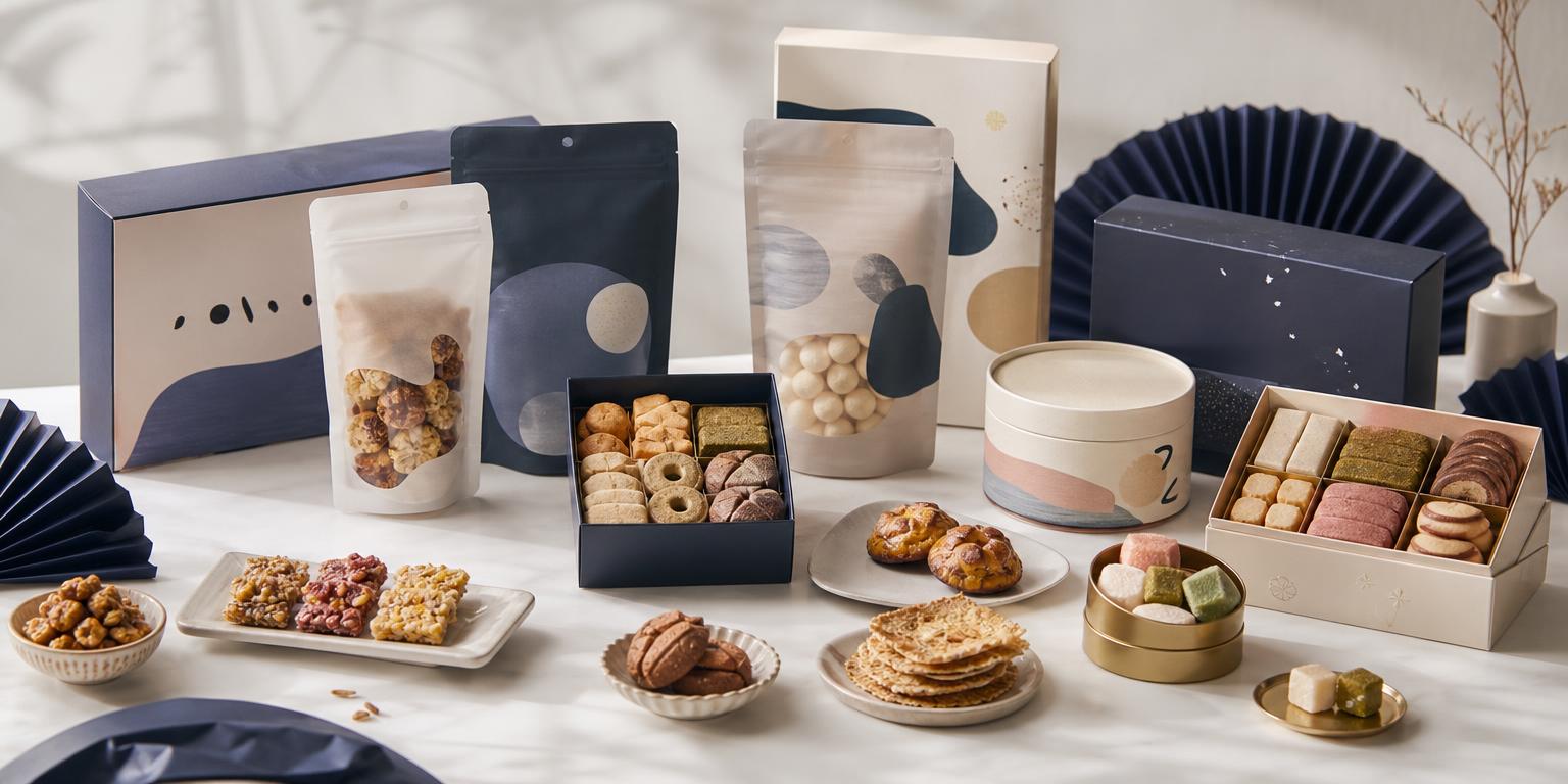 Premium packaged snacks and confectionery arranged for market presentation